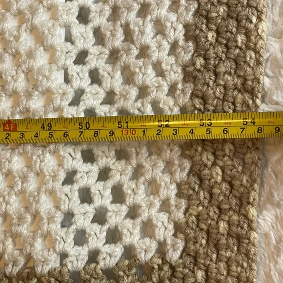 Handmade Double Crochet Cream & Tan Striped Knit Blanket (54” wide x 76” long)